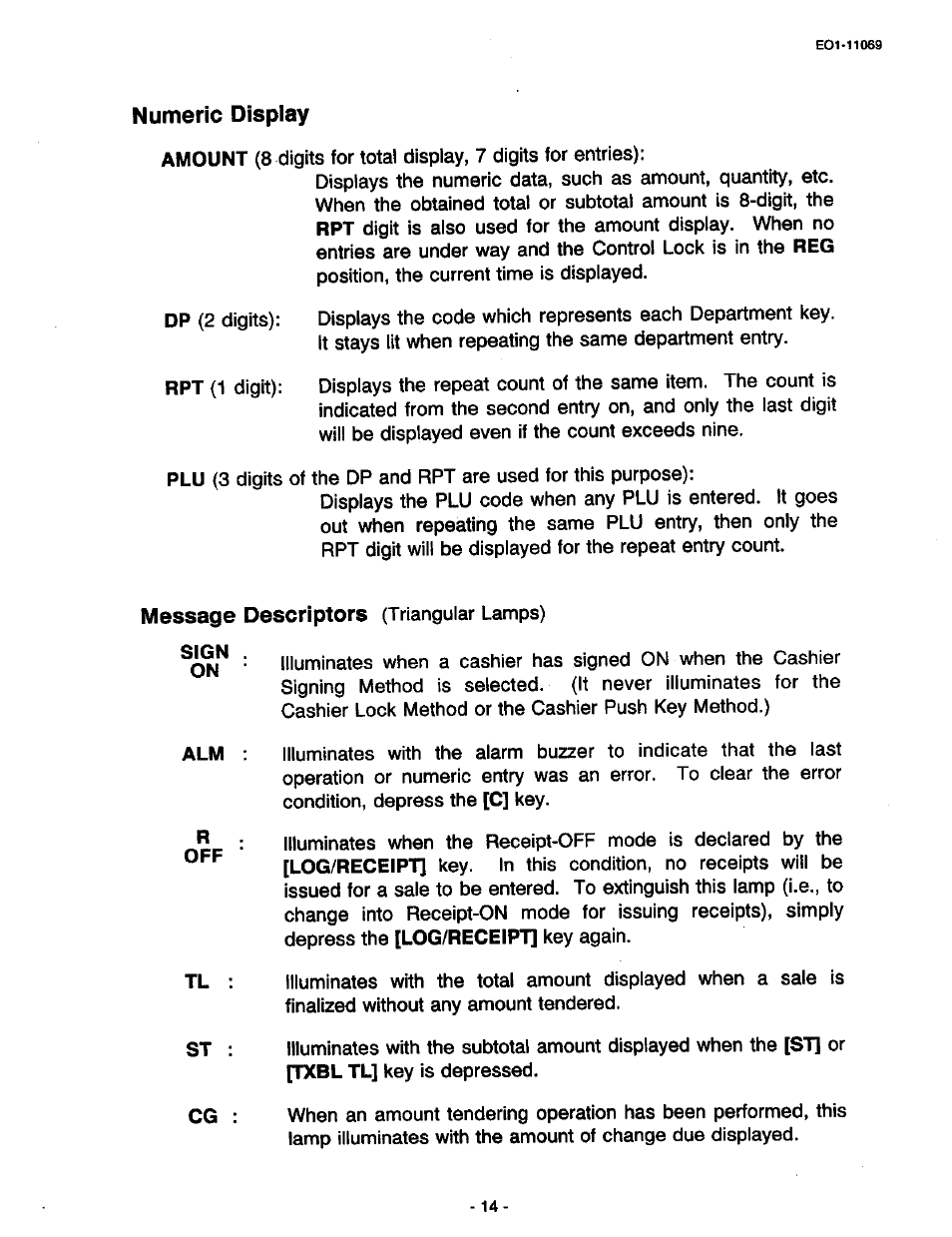 Numeric display, Message descriptors (triangular lamps) | Toshiba TEC MA-315-100 User Manual | Page 16 / 142