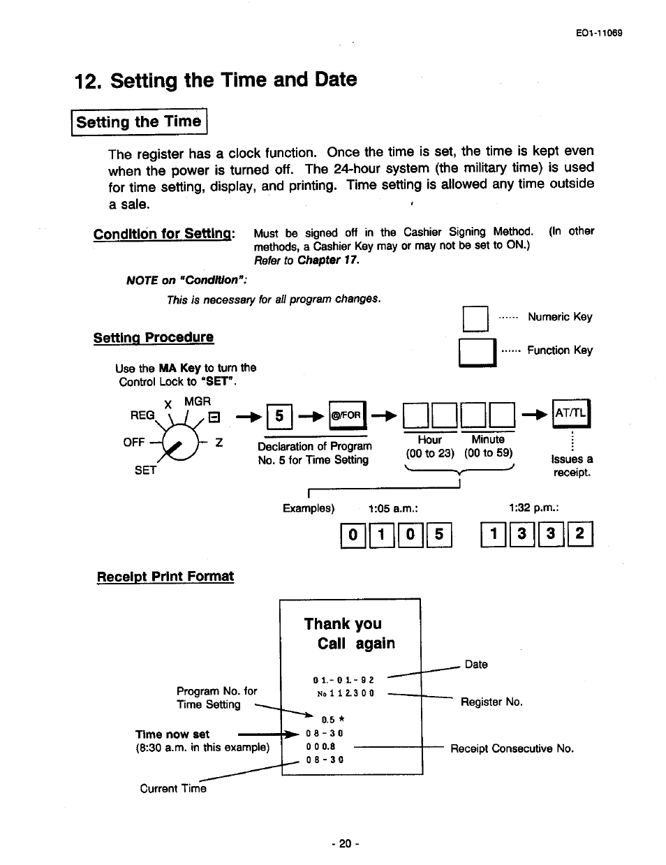 Setting the time and date, Setting the time, Receipt print format | M0 1 3 3 | Toshiba TEC MA-315-100 User Manual | Page 22 / 142