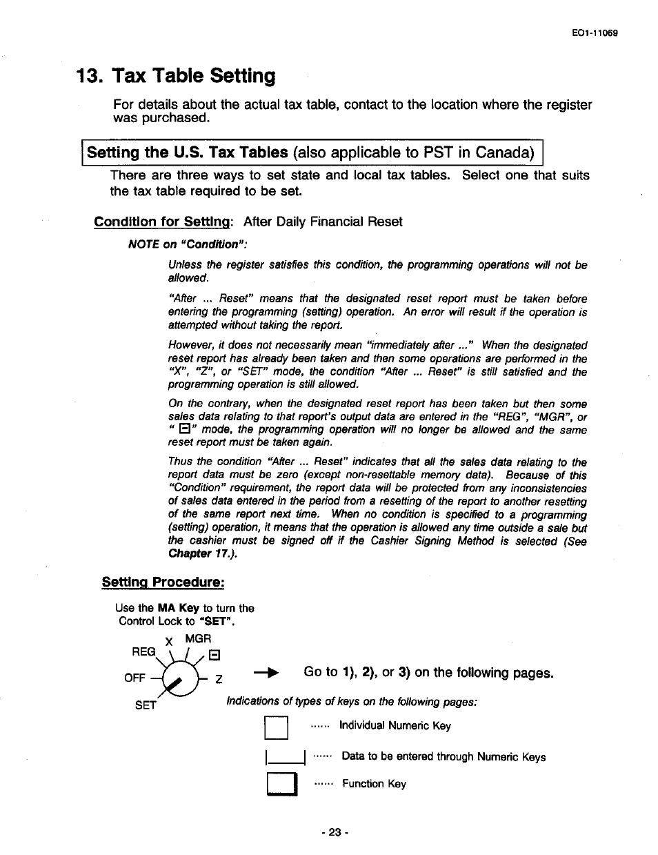 Tax table setting, Condition for setting: after daily financial reset | Toshiba TEC MA-315-100 User Manual | Page 25 / 142