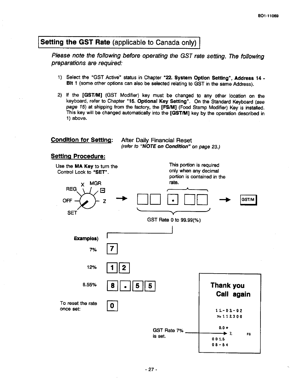 Condition for setting: after daily financial reset, Thank you call again, Setting the gst rate (applicable to canada only) | Toshiba TEC MA-315-100 User Manual | Page 29 / 142