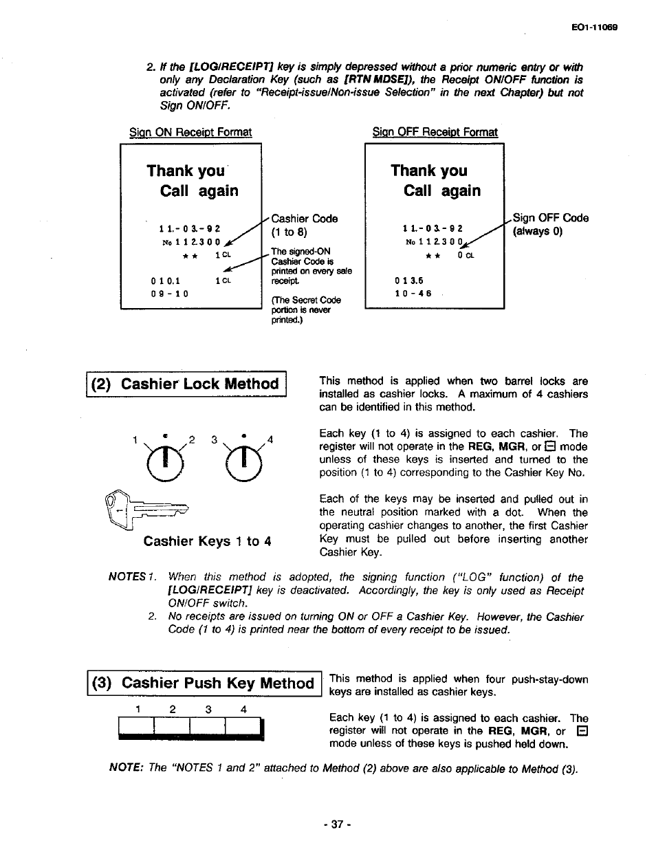 2) cashier lock method, Cashier keys 1 to 4, 3) cashier push key method | 2) cashier lock method (3) cashier push key method | Toshiba TEC MA-315-100 User Manual | Page 39 / 142