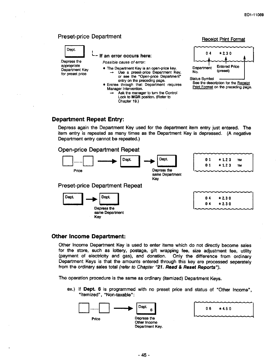 Department repeat entry, Open-price department repeat, Preset-price department repeat | Other income department, Preset-price department | Toshiba TEC MA-315-100 User Manual | Page 47 / 142