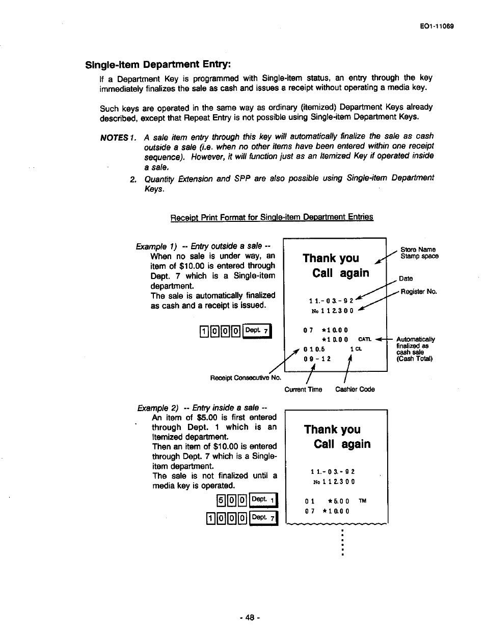 Single-item department entry, Thank you call again, Bi000l^3 | 07 *iaoo | Toshiba TEC MA-315-100 User Manual | Page 50 / 142