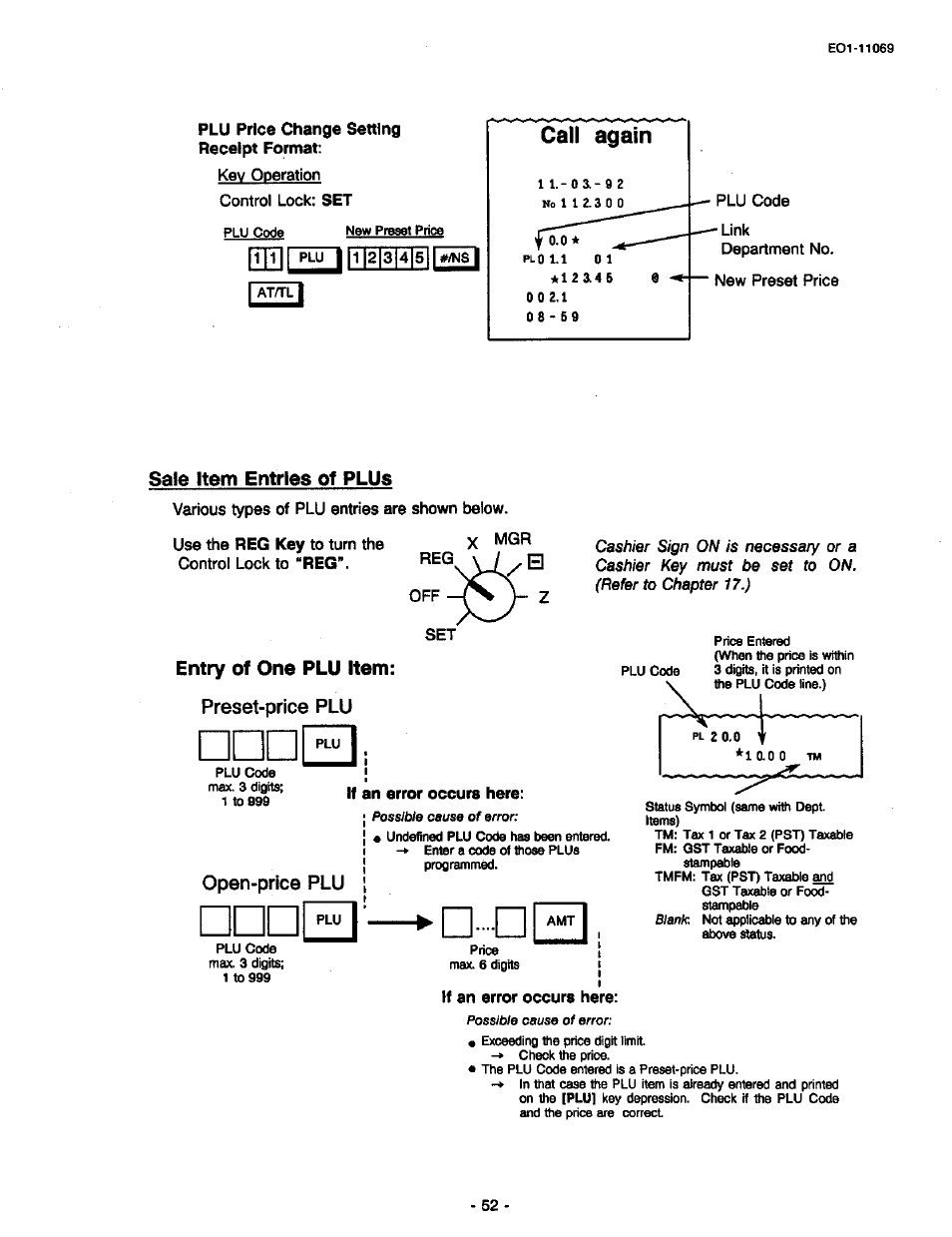 Sale item entries of plus, Entry of one plu item, Preset-price plu | Open-price plu, Entry of one plu item: preset-price plu | Toshiba TEC MA-315-100 User Manual | Page 54 / 142
