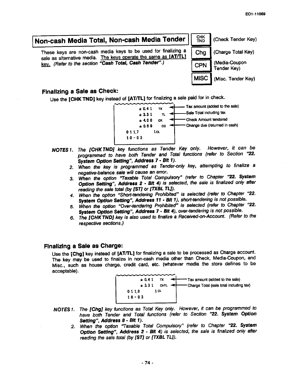 Non-cash media total, non-cash media tender, Finalizing a sale as charge, Mise | Chg cpn, Finalizing a sale as check | Toshiba TEC MA-315-100 User Manual | Page 76 / 142