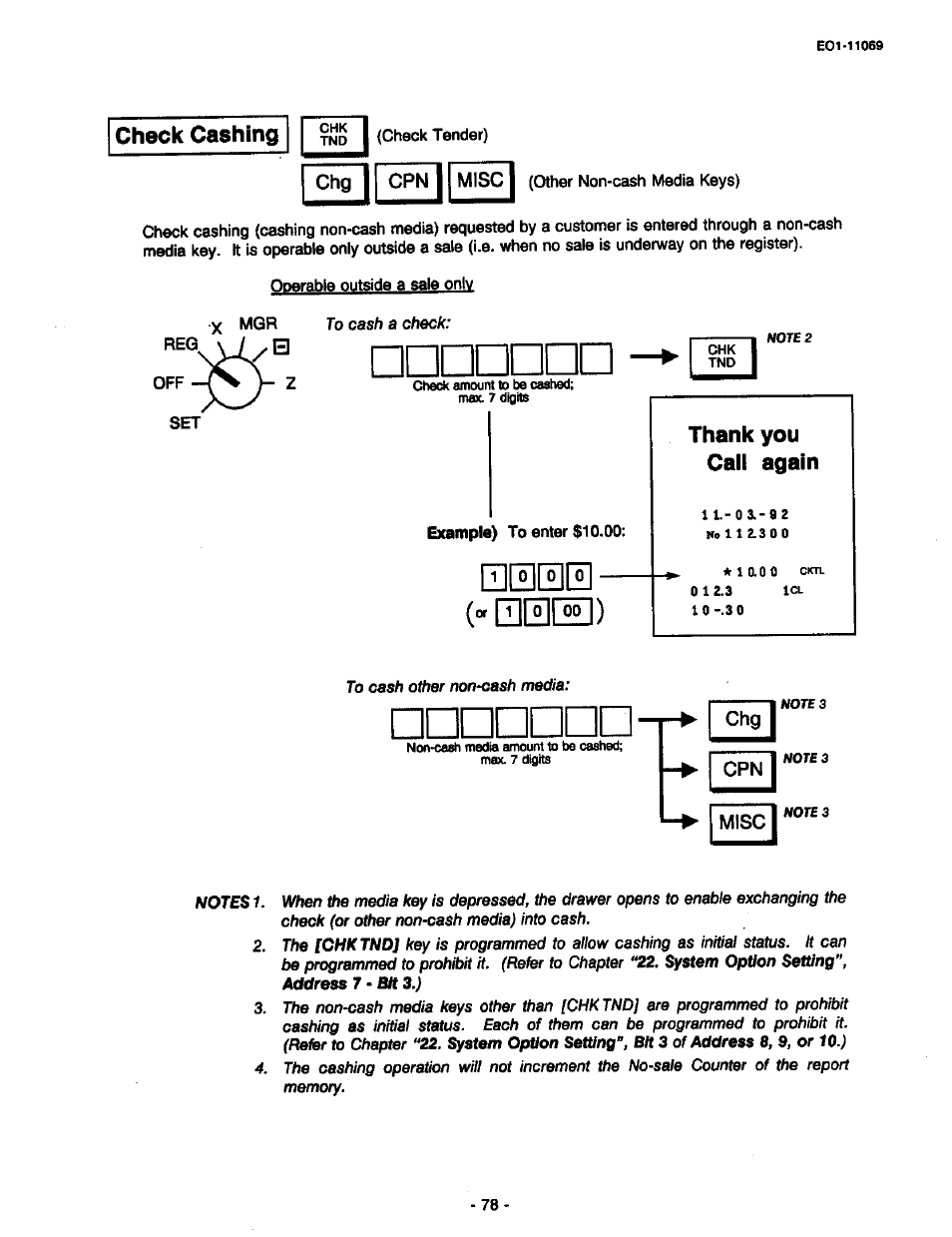 Check cashing, Chg i cpn i, Thank you call again | Toshiba TEC MA-315-100 User Manual | Page 80 / 142