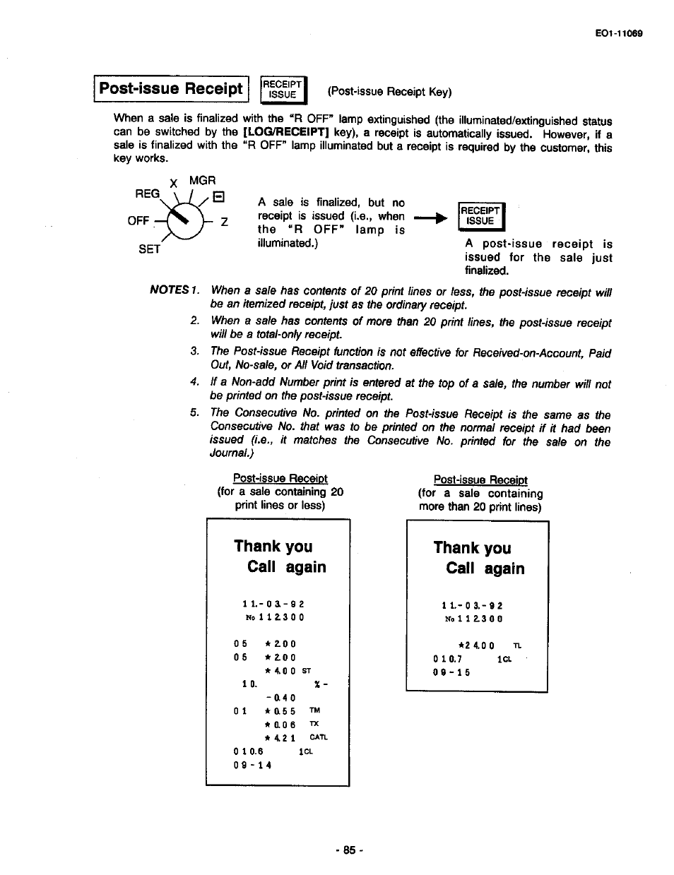 Post-issue receipt, Thank you call again | Toshiba TEC MA-315-100 User Manual | Page 87 / 142