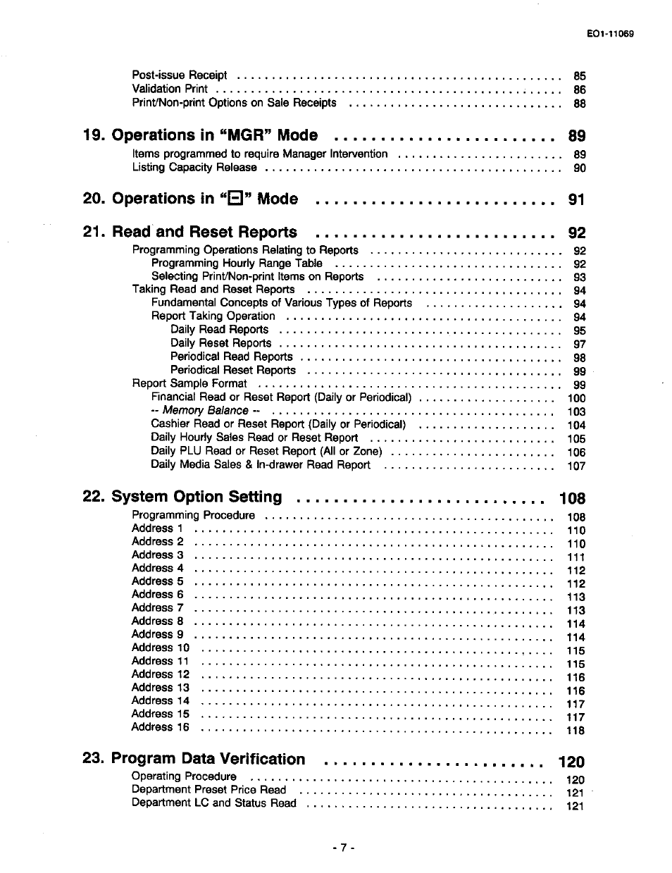 Operations in "mgr” mode, Operations in "el” mode 21. read and reset reports, System option setting | Program data verification | Toshiba TEC MA-315-100 User Manual | Page 9 / 142