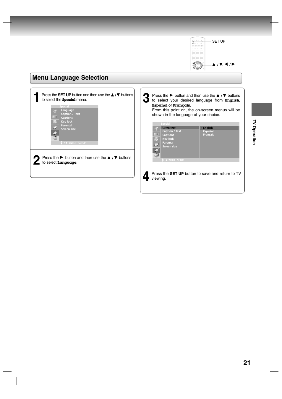 Menu language selection | Toshiba SD-P7000 User Manual | Page 21 / 54