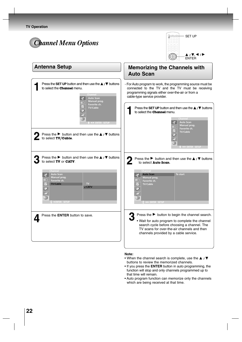 Channel menu options, Antenna setup | Toshiba SD-P7000 User Manual | Page 22 / 54