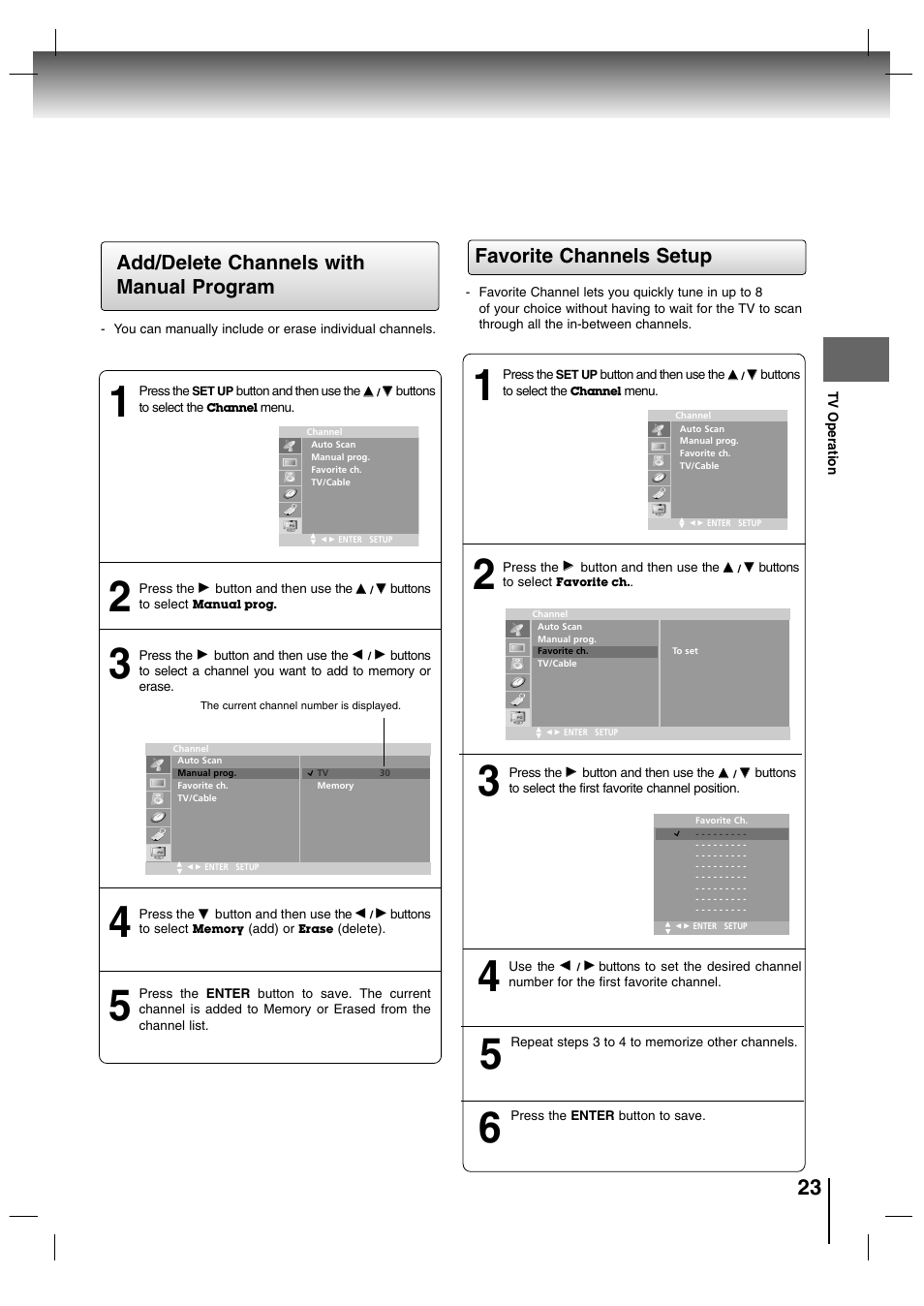 Add/delete channels with manual program, Favorite channels setup | Toshiba SD-P7000 User Manual | Page 23 / 54