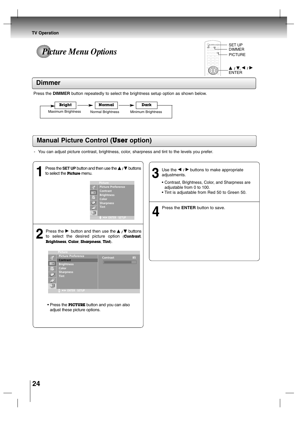 Picture menu options, Dimmer manual picture control, Option) | User | Toshiba SD-P7000 User Manual | Page 24 / 54