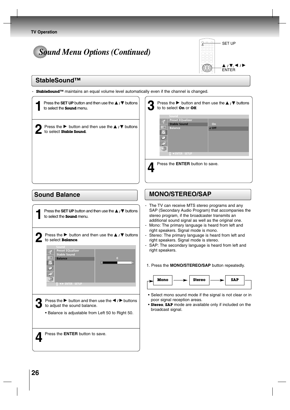 Sound menu options (continued), Stablesound, Sound balance | Mono/stereo/sap | Toshiba SD-P7000 User Manual | Page 26 / 54