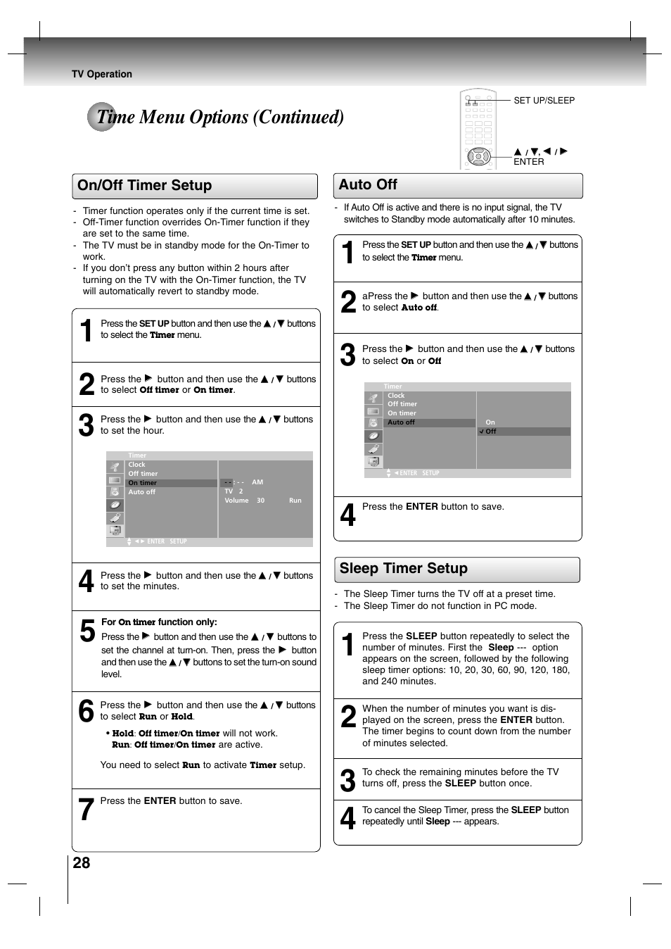 Time menu options (continued), On/off timer setup, Sleep timer setup | Auto off | Toshiba SD-P7000 User Manual | Page 28 / 54