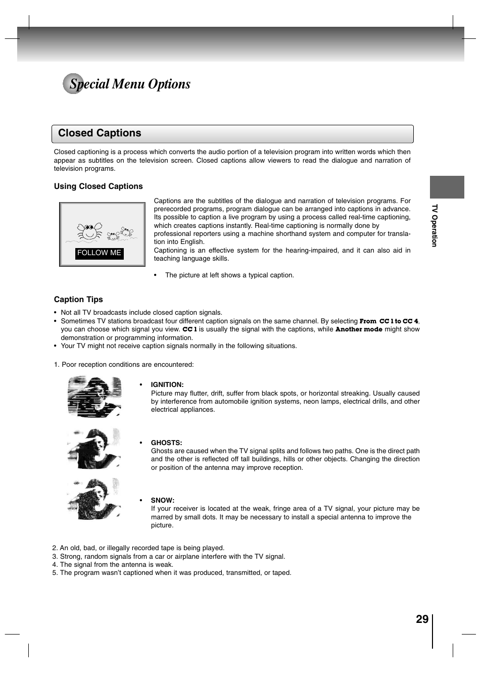 Special menu options, Closed captions | Toshiba SD-P7000 User Manual | Page 29 / 54