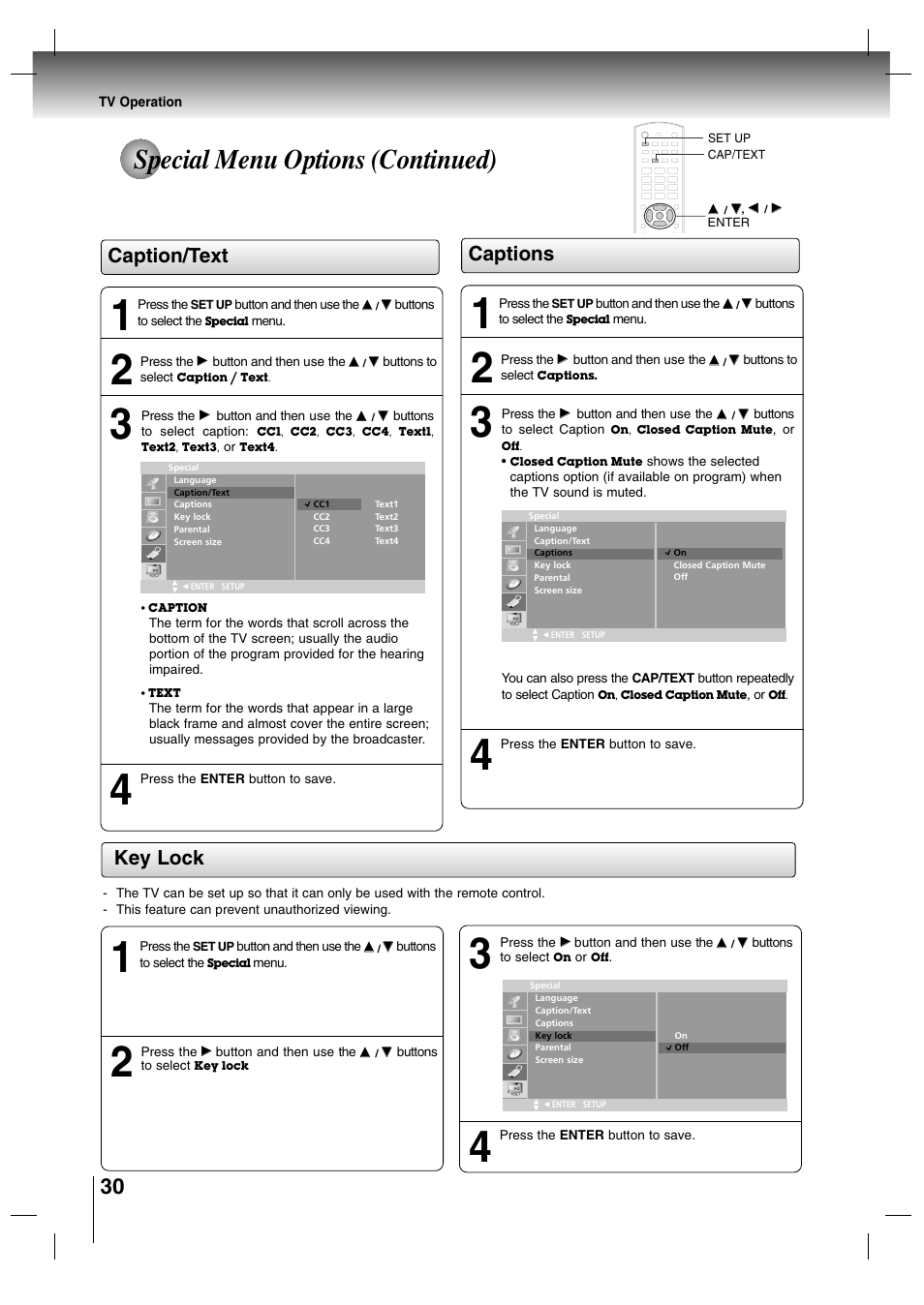 Special menu options (continued), Caption/text, Captions | Key lock | Toshiba SD-P7000 User Manual | Page 30 / 54