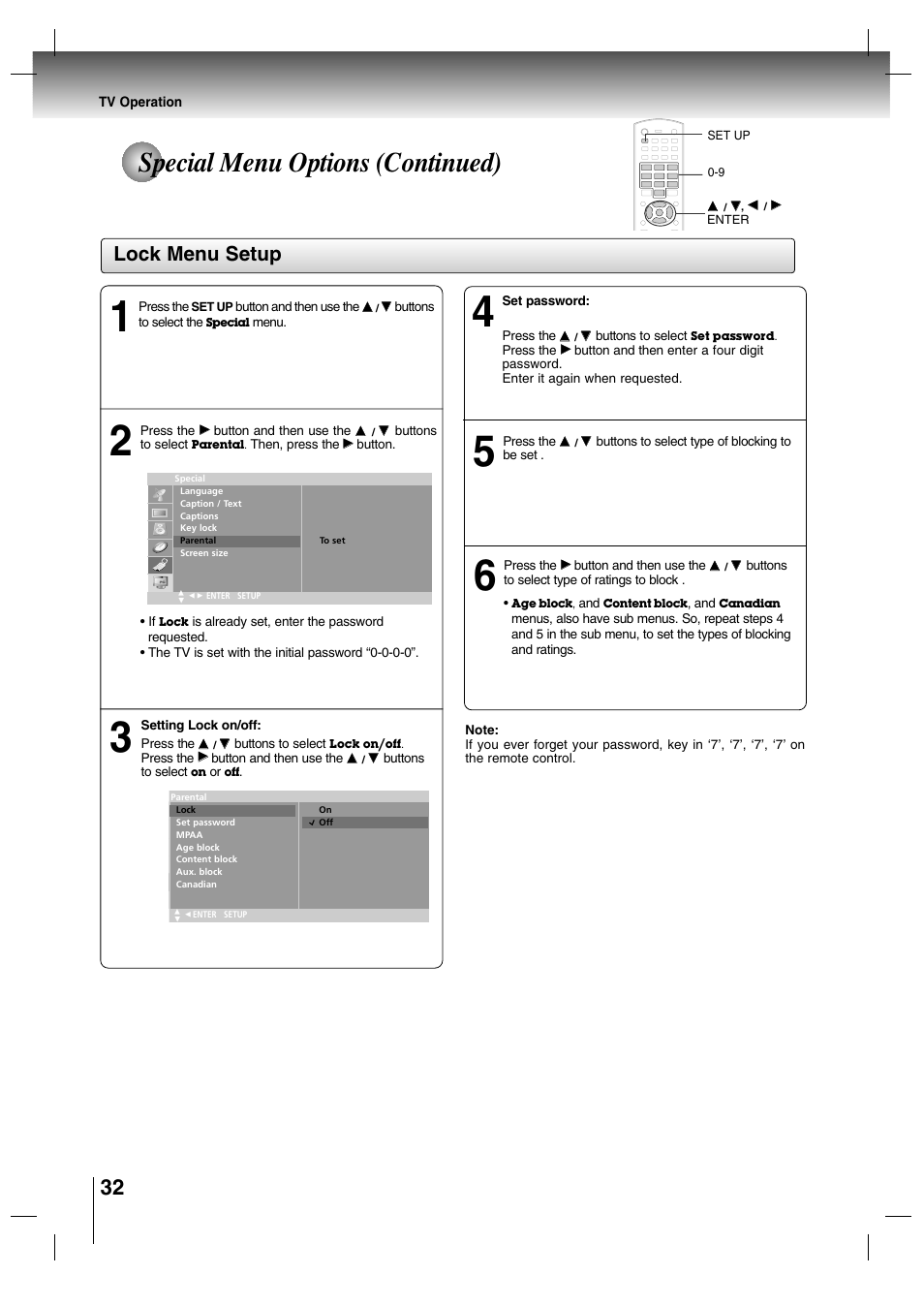 Special menu options (continued), Lock menu setup | Toshiba SD-P7000 User Manual | Page 32 / 54