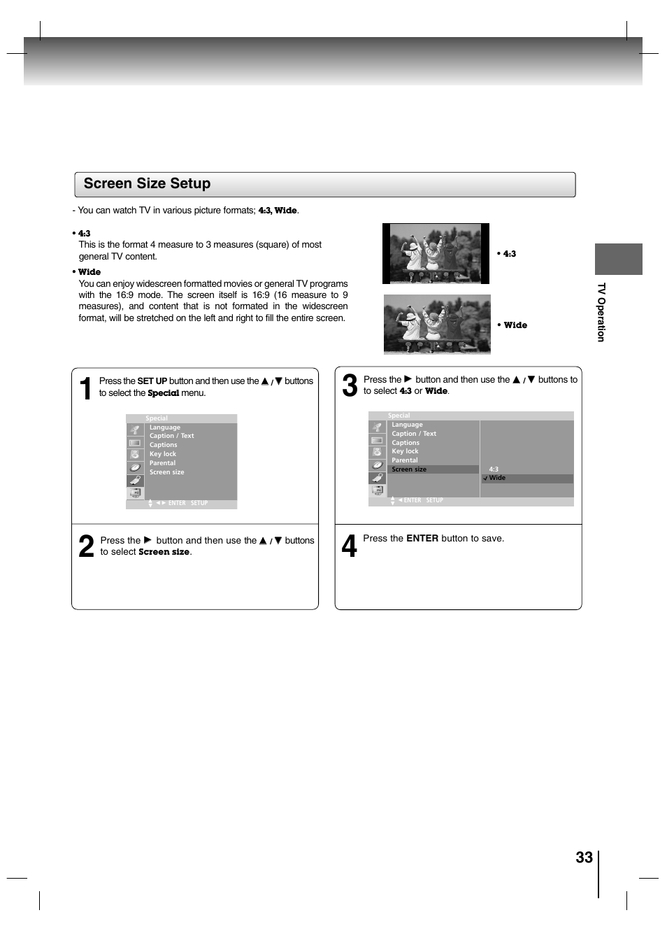 Screen size setup | Toshiba SD-P7000 User Manual | Page 33 / 54