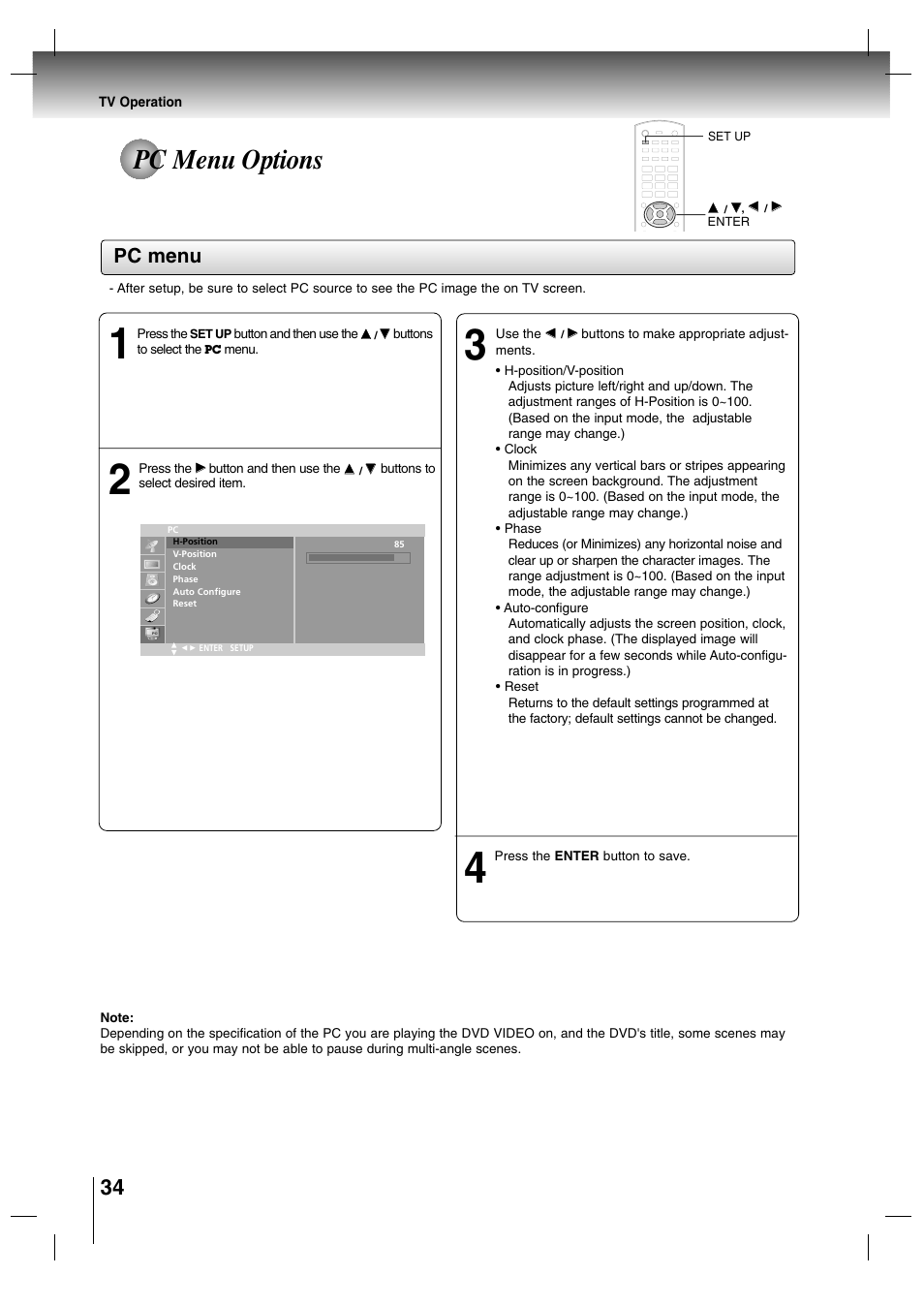 Pc menu options, Pc menu | Toshiba SD-P7000 User Manual | Page 34 / 54
