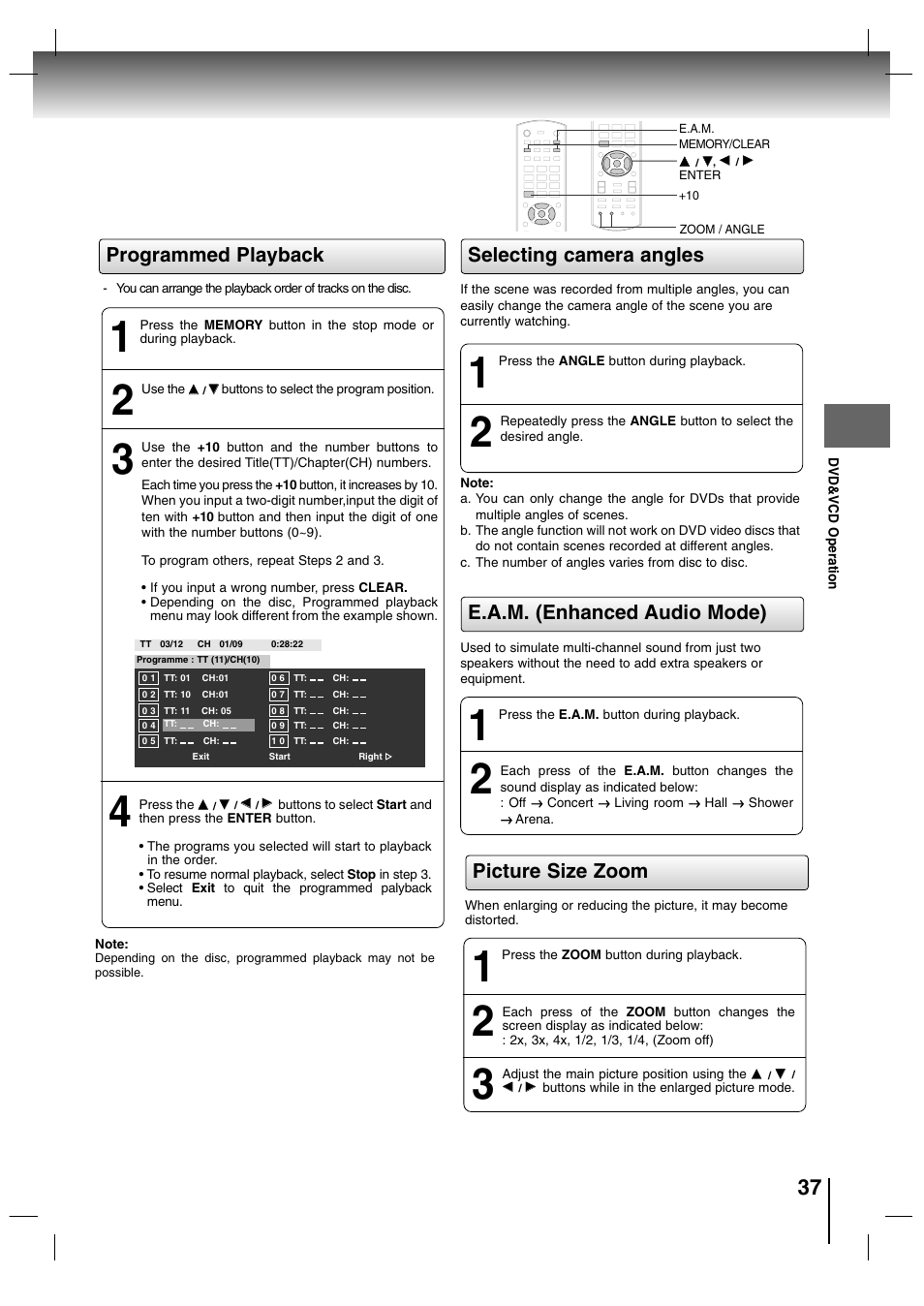 Selecting camera angles, E.a.m. (enhanced audio mode), Picture size zoom | Programmed playback | Toshiba SD-P7000 User Manual | Page 37 / 54