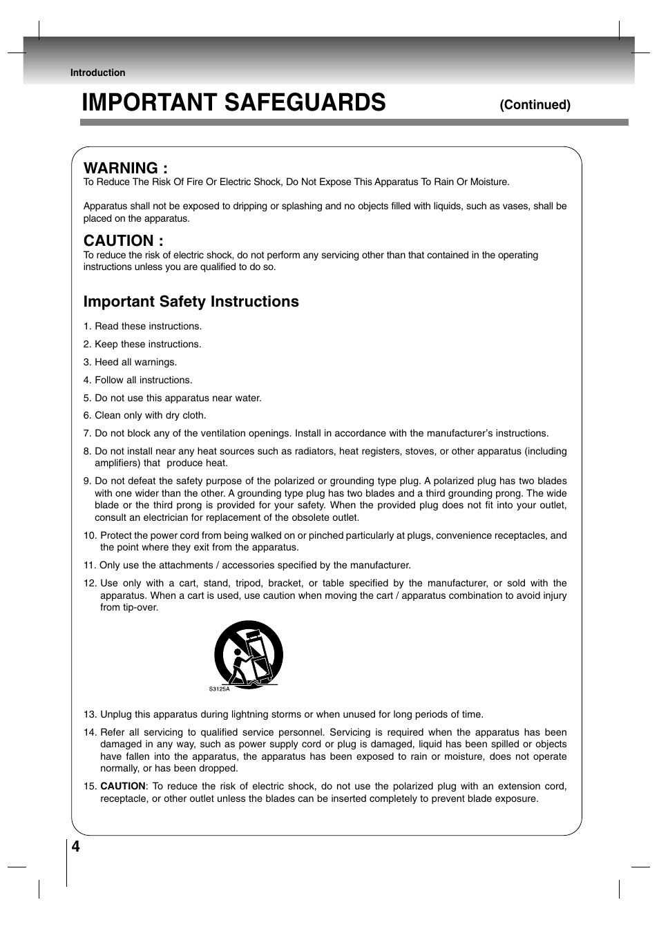 Important safeguards, Warning, Caution | Important safety instructions | Toshiba SD-P7000 User Manual | Page 4 / 54