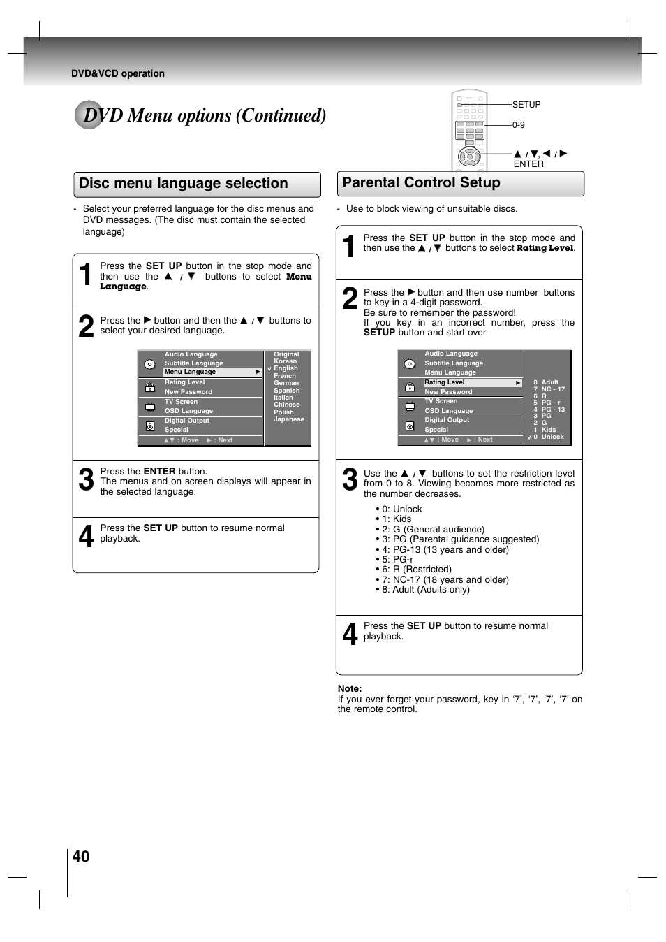 Dvd menu options (continued), Disc menu language selection, Parental control setup | Toshiba SD-P7000 User Manual | Page 40 / 54