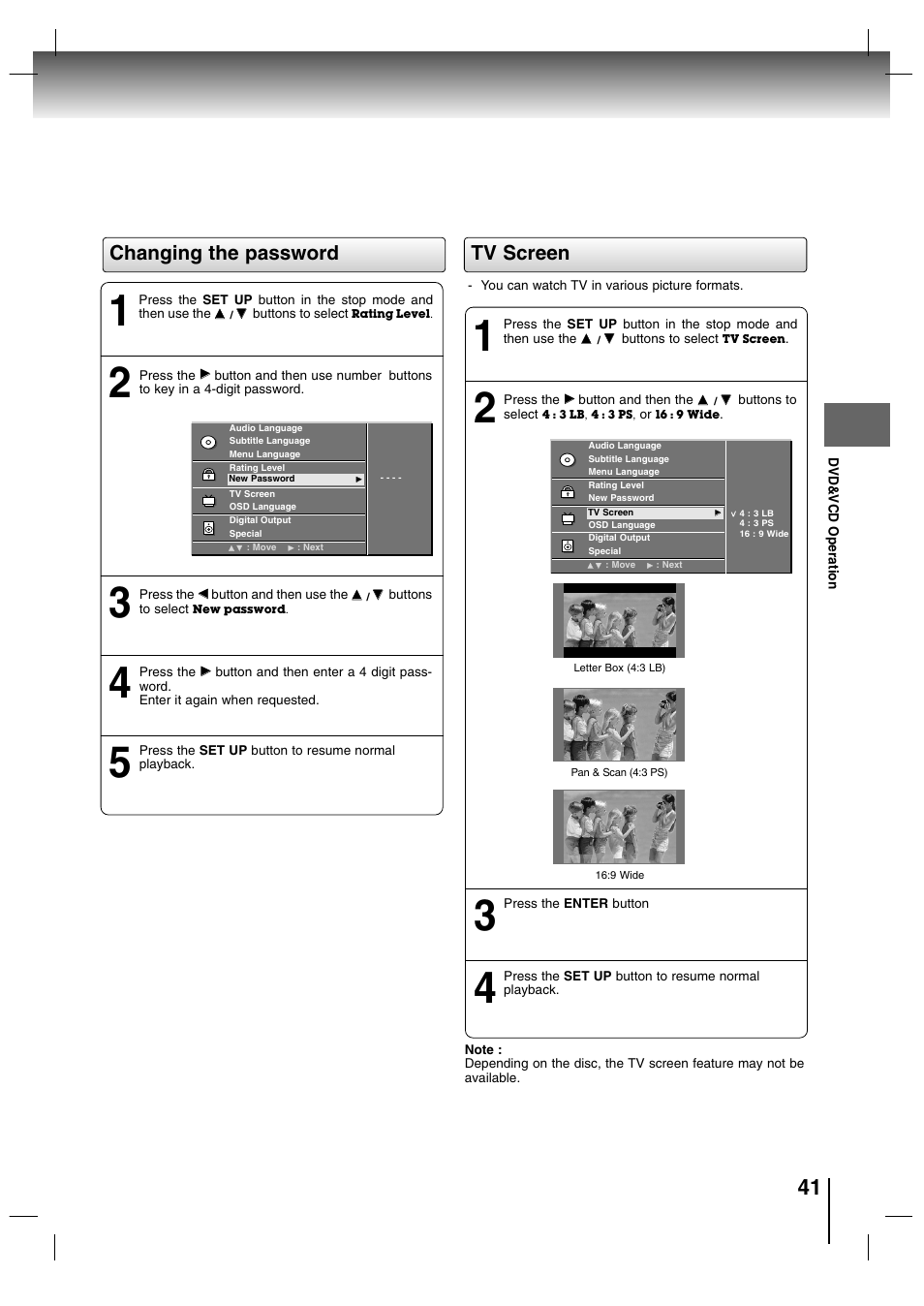 Changing the password, Tv screen | Toshiba SD-P7000 User Manual | Page 41 / 54