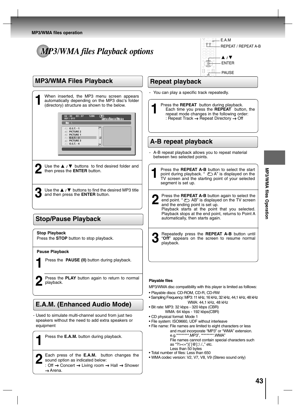 Mp3/wma files playback options, Mp3/wma files playback, Stop/pause playback | E.a.m. (enhanced audio mode), Repeat playback, A-b repeat playback | Toshiba SD-P7000 User Manual | Page 43 / 54