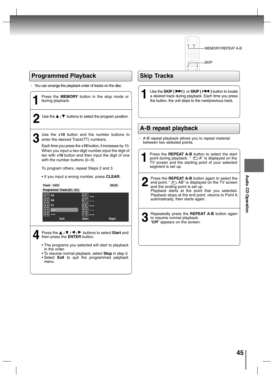 Skip tracks, A-b repeat playback, Programmed playback | Toshiba SD-P7000 User Manual | Page 45 / 54