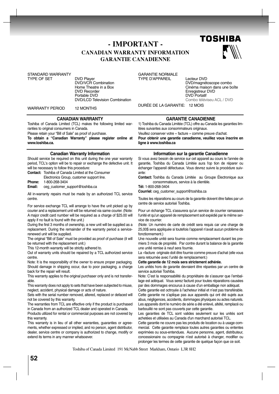 Important, Canadian warranty information garantie canadienne | Toshiba SD-P7000 User Manual | Page 52 / 54