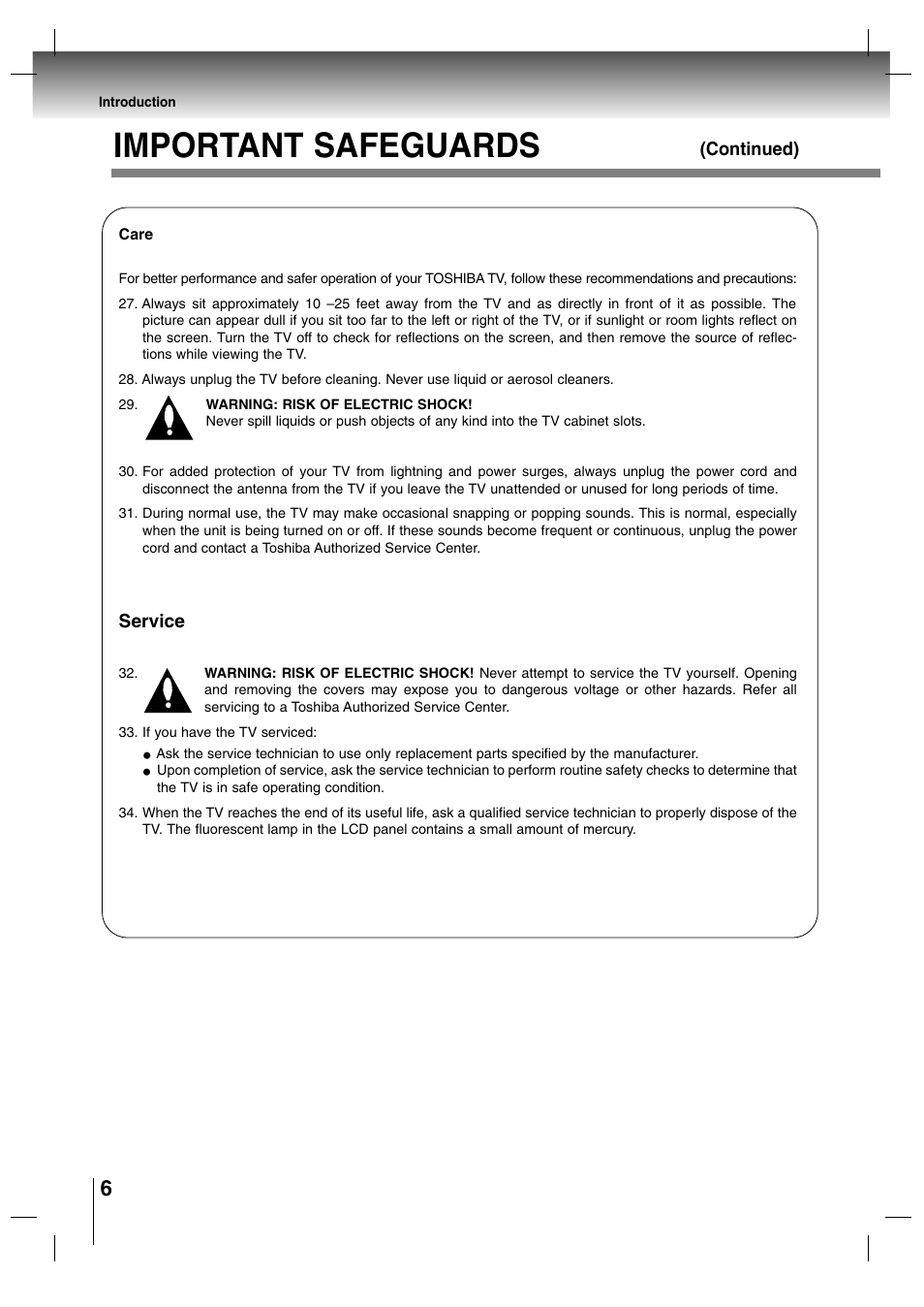 Important safeguards, Continued), Service | Toshiba SD-P7000 User Manual | Page 6 / 54