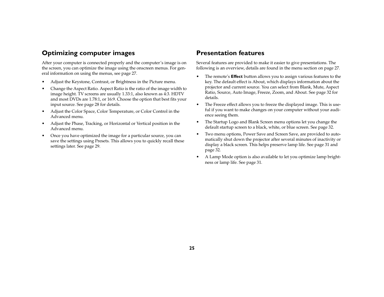 Optimizing computer images, Presentation features | Toshiba TDP-P6 User Manual | Page 25 / 40