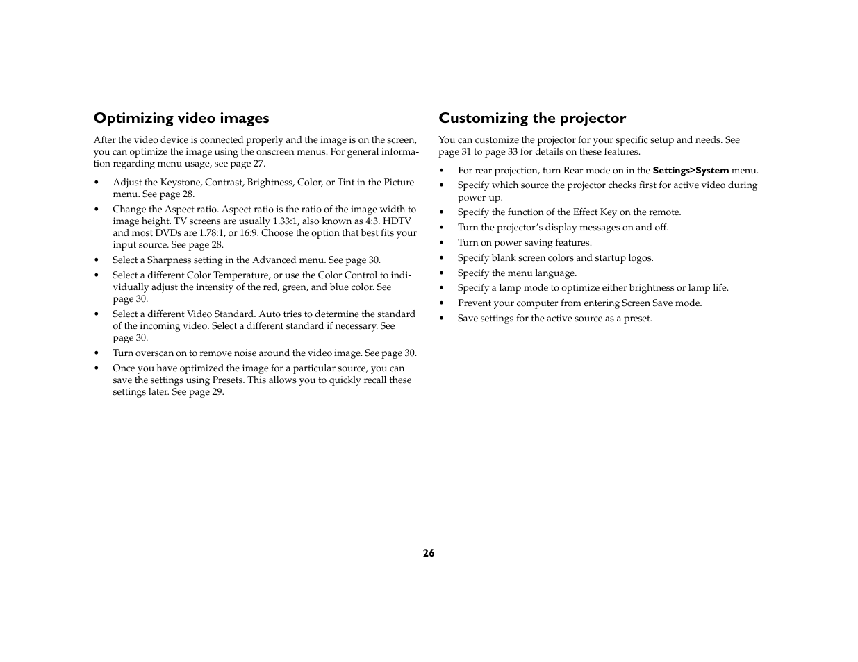 Optimizing video images, Customizing the projector | Toshiba TDP-P6 User Manual | Page 26 / 40