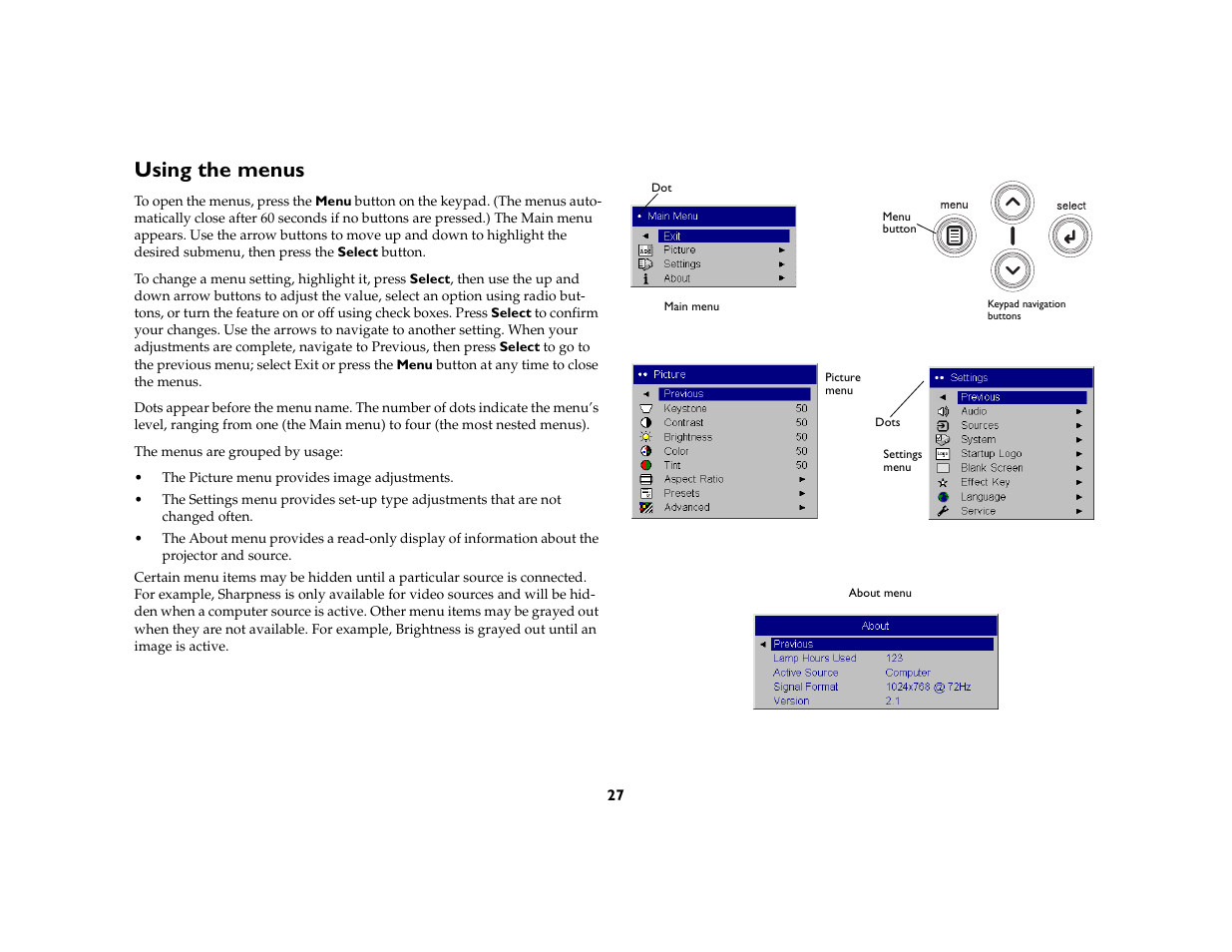 Using the menus | Toshiba TDP-P6 User Manual | Page 27 / 40