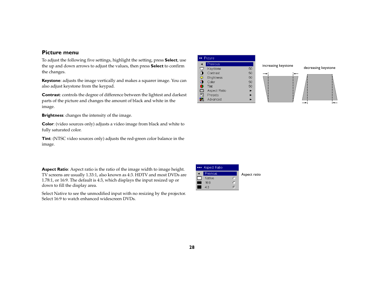 Picture menu | Toshiba TDP-P6 User Manual | Page 28 / 40