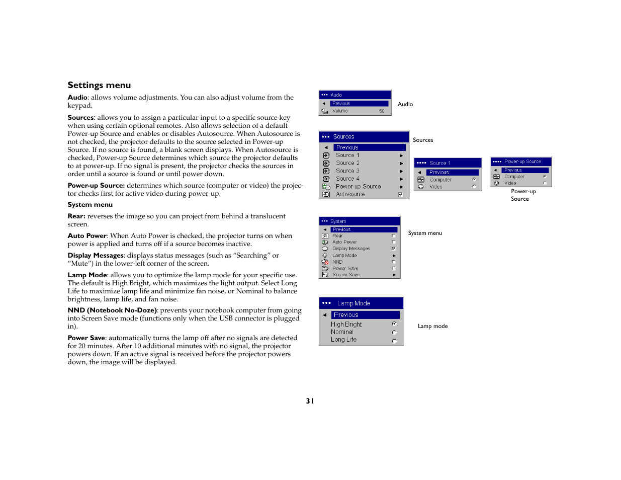 Settings menu | Toshiba TDP-P6 User Manual | Page 31 / 40