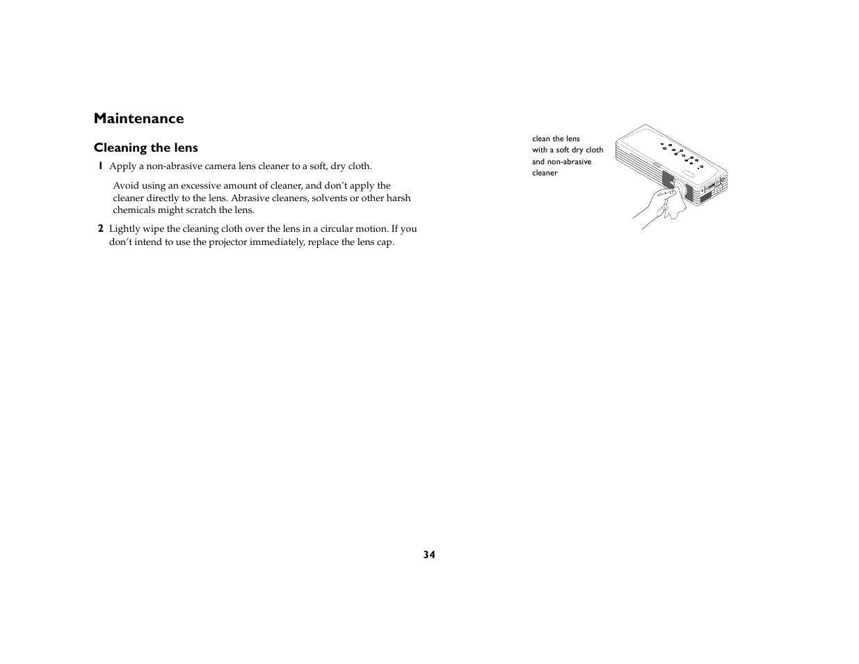 Maintenance, Cleaning the lens, Maintenance 34 | Toshiba TDP-P6 User Manual | Page 34 / 40