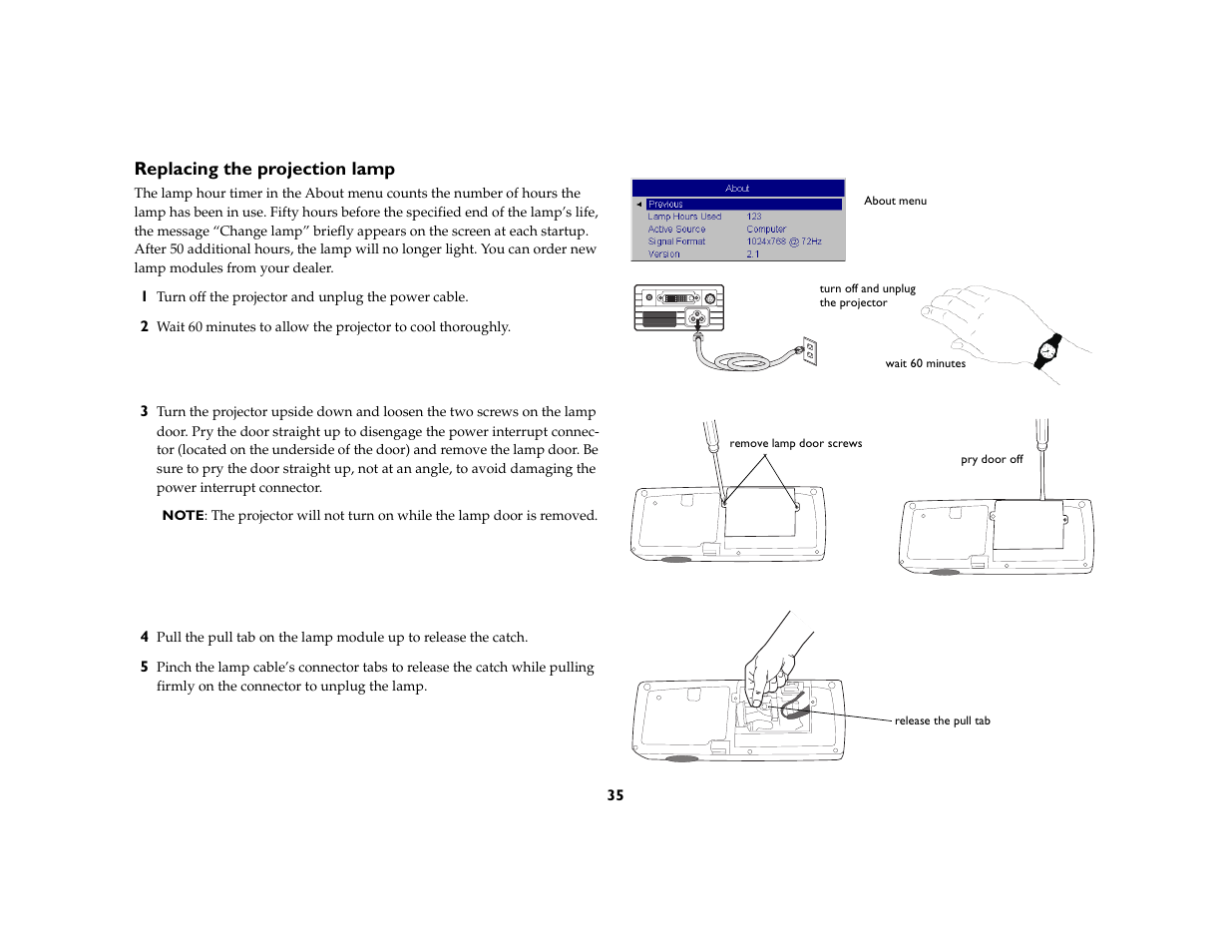 Replacing the projection lamp | Toshiba TDP-P6 User Manual | Page 35 / 40