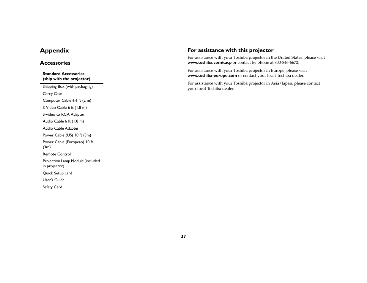 Appendix, Accessories, For assistance with this projector | Appendix 37, Accessories 37 for assistance with this projector | Toshiba TDP-P6 User Manual | Page 37 / 40