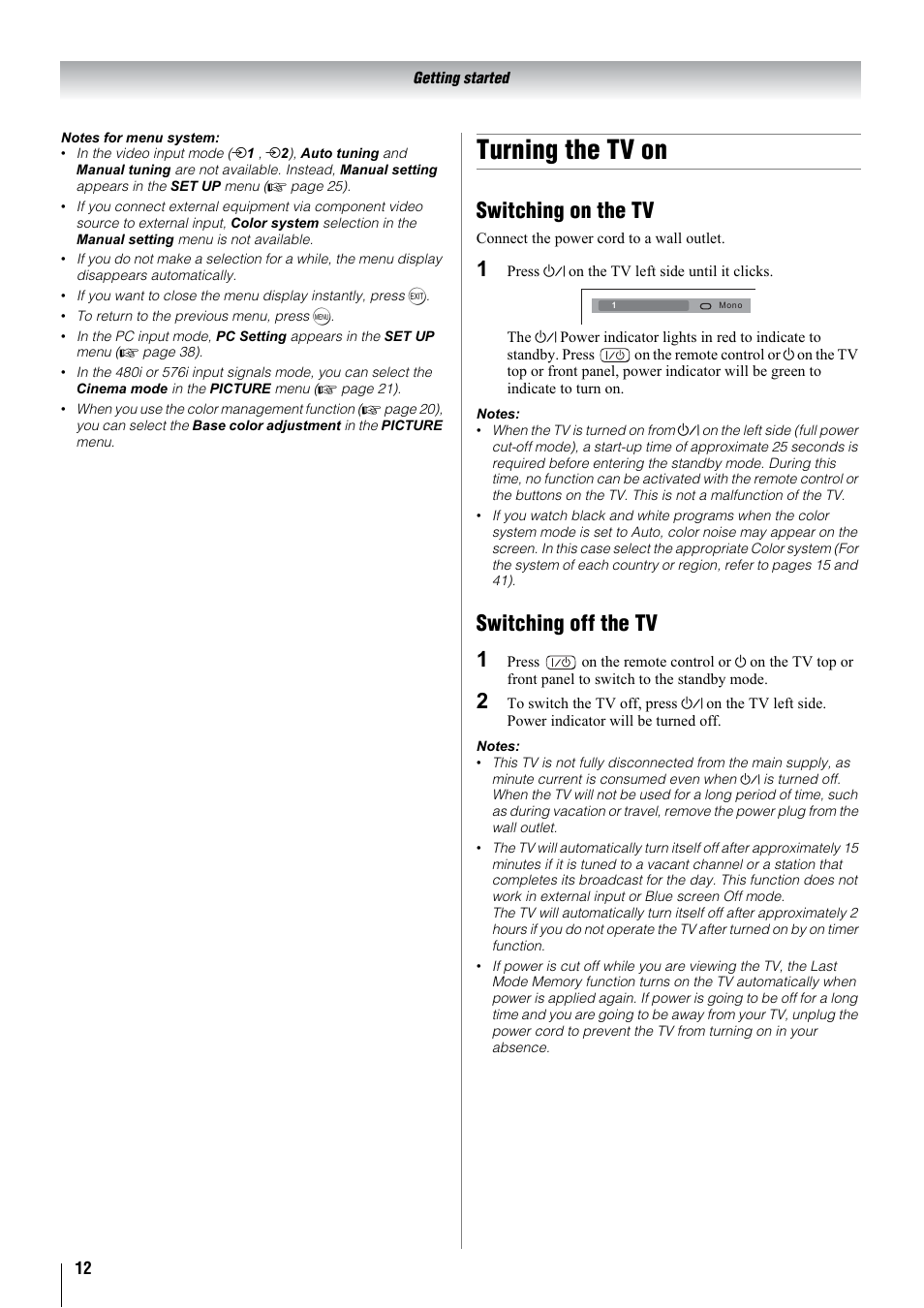 Turning the tv on, Switching on the tv, Switching off the tv 1 | Toshiba 32WLT66A User Manual | Page 12 / 44