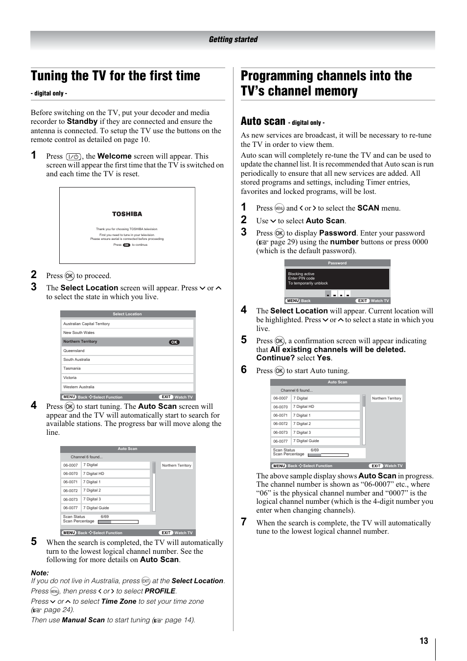 Tuning the tv for the first time, Auto scan | Toshiba 32WLT66A User Manual | Page 13 / 44