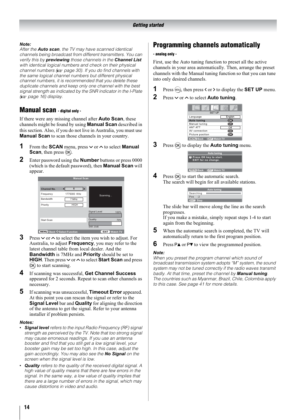 Manual scan, Programming channels automatically | Toshiba 32WLT66A User Manual | Page 14 / 44