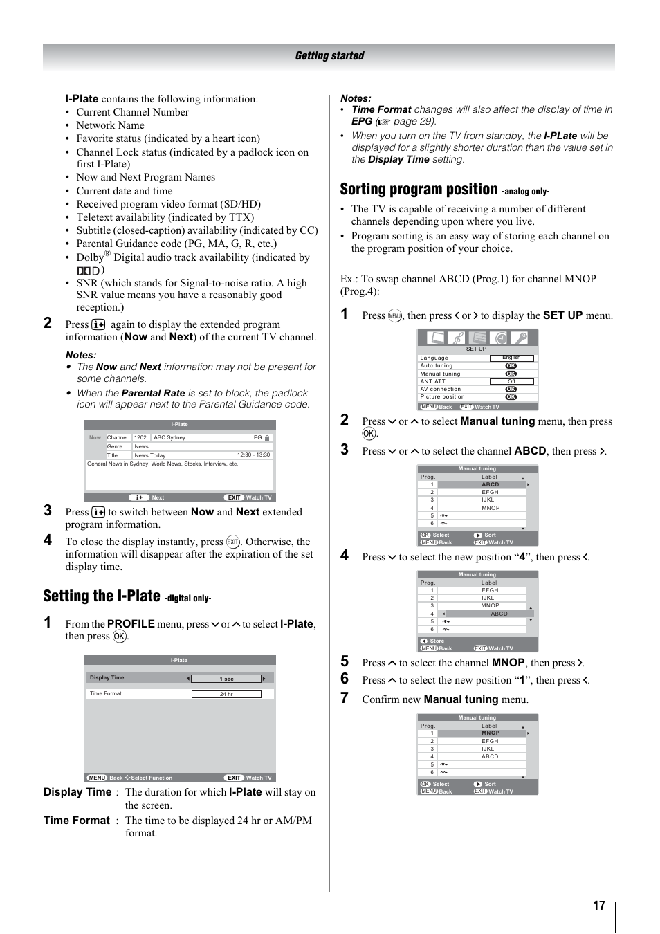 Setting the i-plate, Sorting program position, Press u to select the channel mnop , then press i | Confirm new manual tuning menu | Toshiba 32WLT66A User Manual | Page 17 / 44