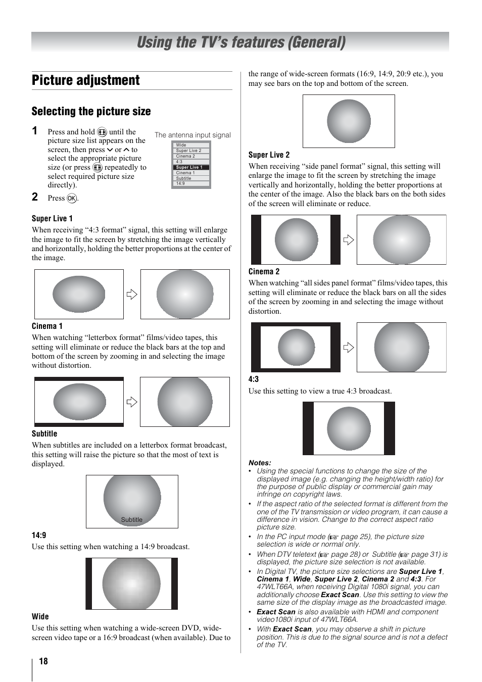 Using the tv’s features (general), Picture adjustment, Selecting the picture size 1 | Toshiba 32WLT66A User Manual | Page 18 / 44