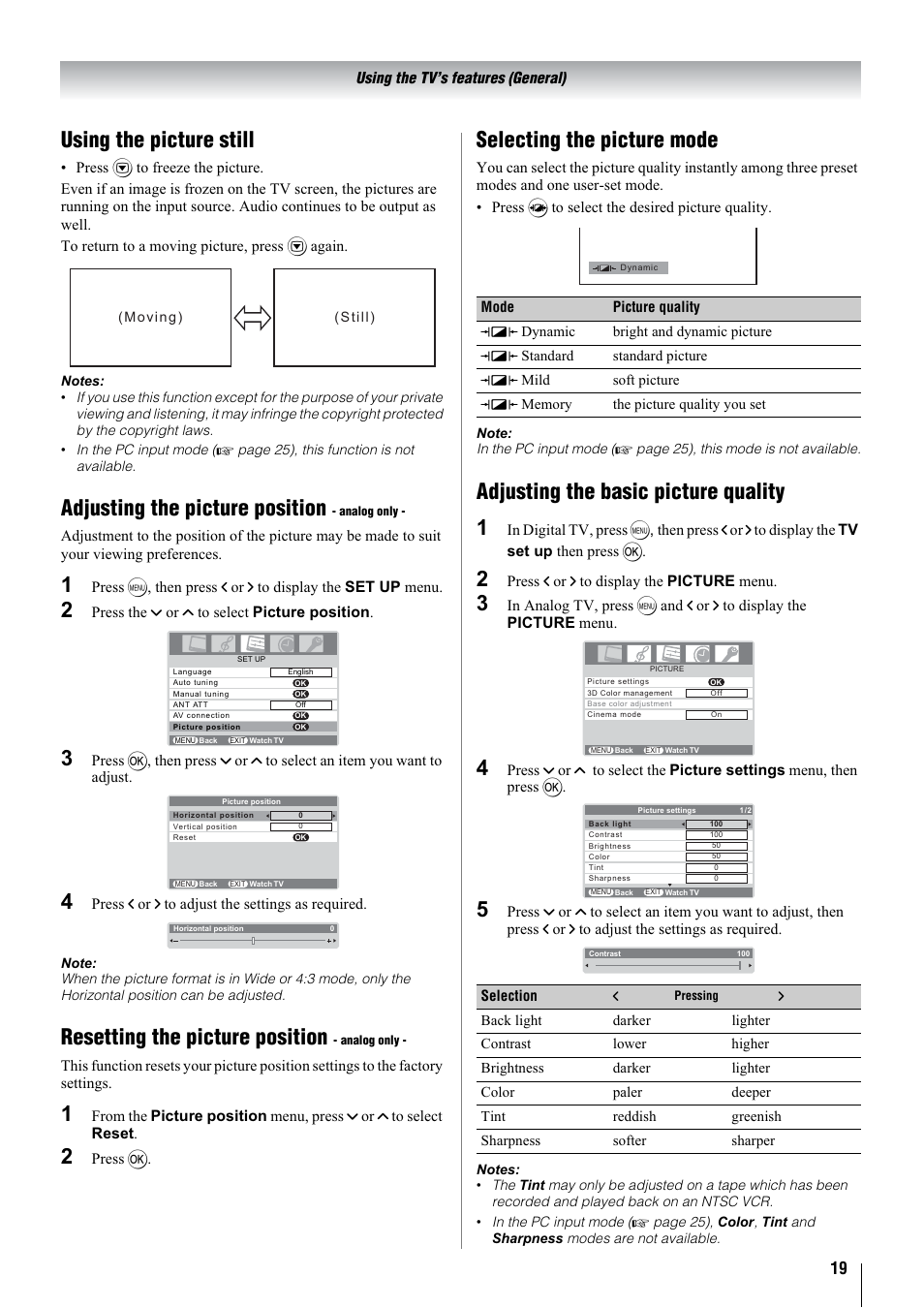 Using the picture still, Adjusting the picture position, Resetting the picture position | Selecting the picture mode, Adjusting the basic picture quality 1 | Toshiba 32WLT66A User Manual | Page 19 / 44