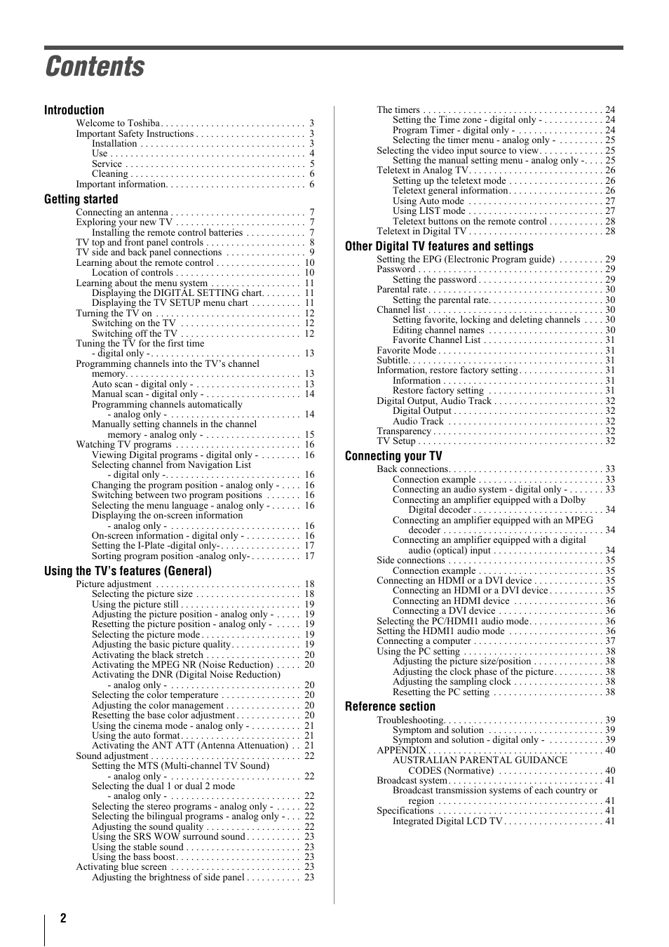 Toshiba 32WLT66A User Manual | Page 2 / 44