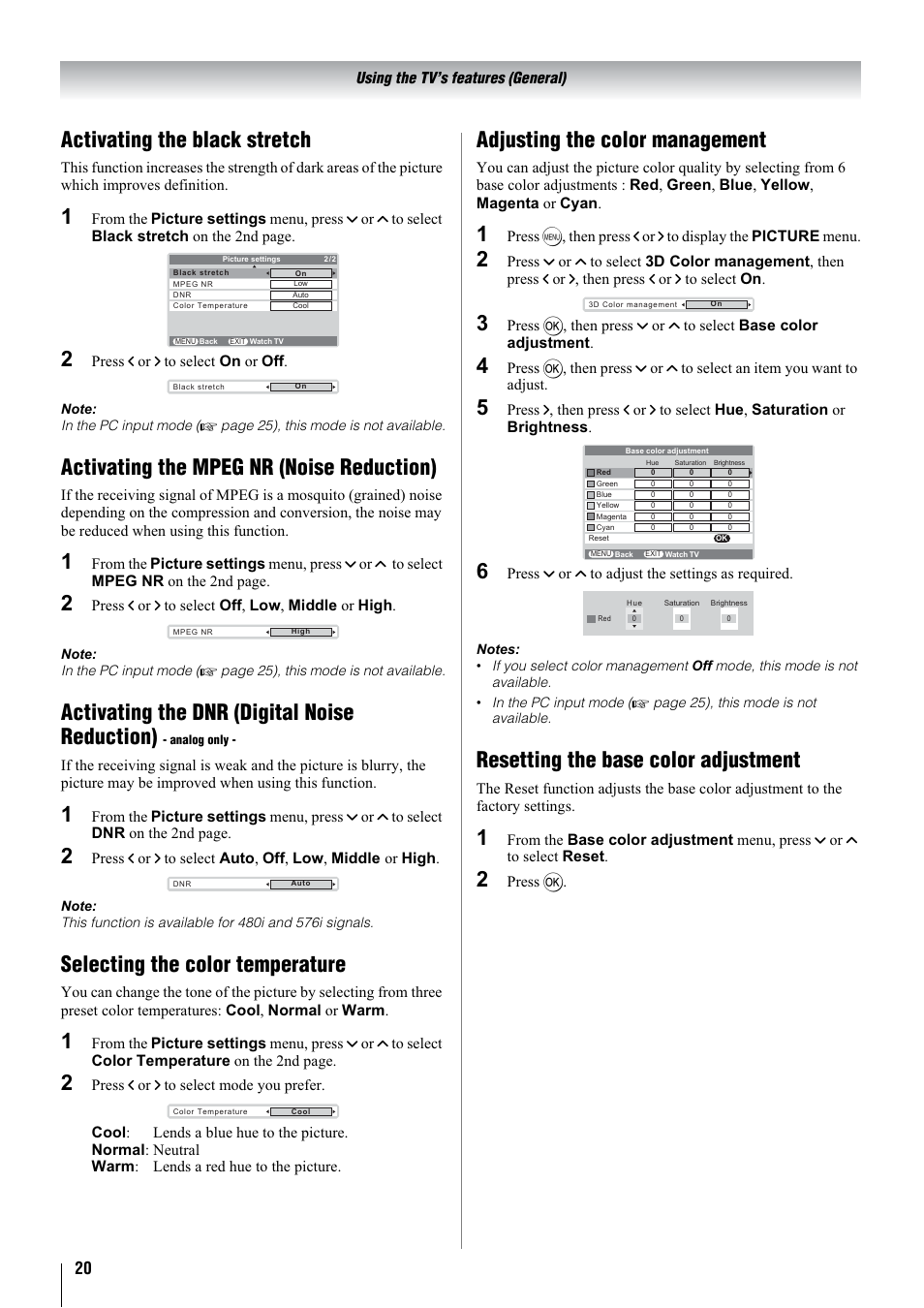 Activating the black stretch, Activating the mpeg nr (noise reduction), Activating the dnr (digital noise reduction) | Selecting the color temperature, Adjusting the color management, Resetting the base color adjustment | Toshiba 32WLT66A User Manual | Page 20 / 44