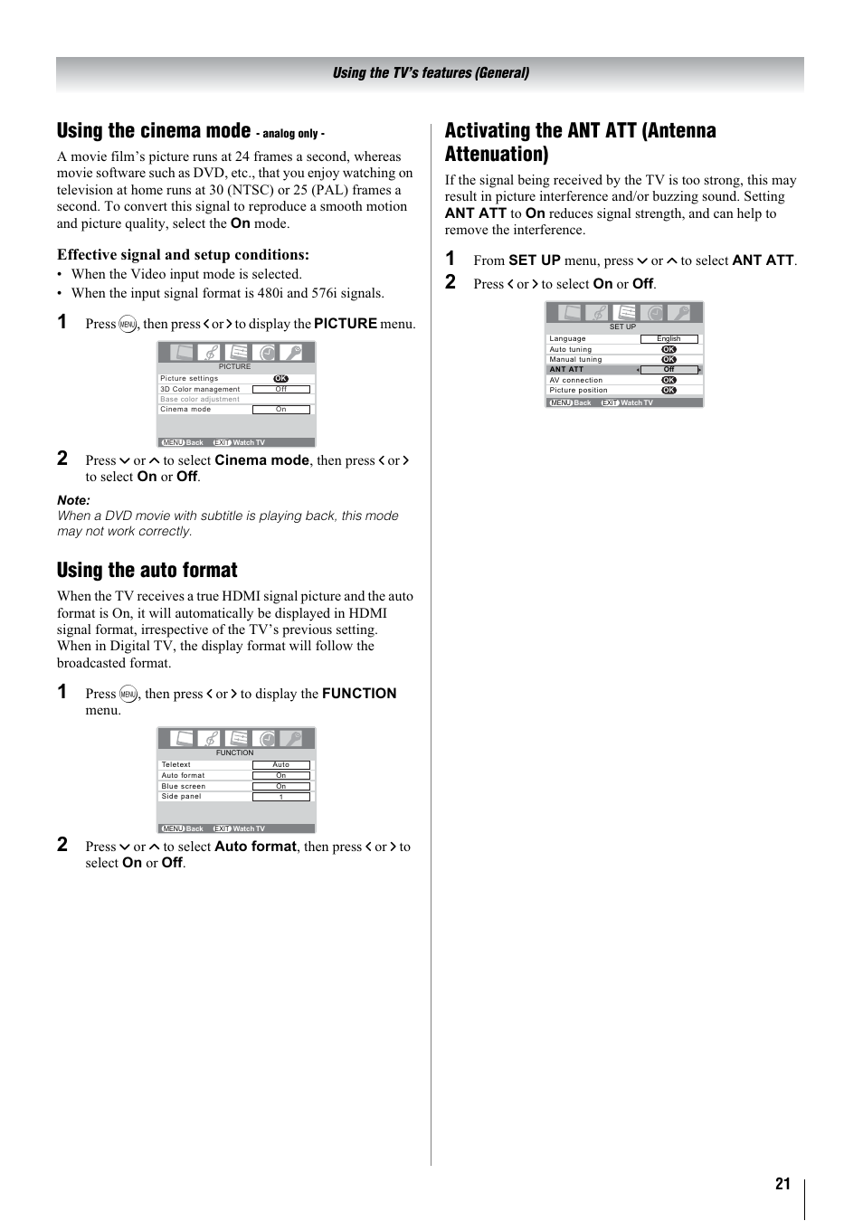 Using the cinema mode, Using the auto format, Activating the ant att (antenna attenuation) | Effective signal and setup conditions | Toshiba 32WLT66A User Manual | Page 21 / 44