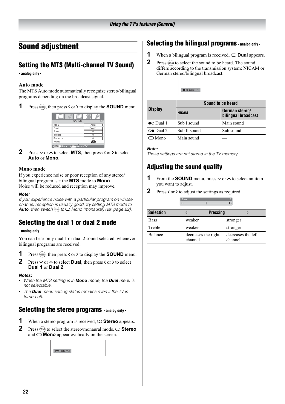 Sound adjustment, Setting the mts (multi-channel tv sound), Selecting the dual 1 or dual 2 mode | Selecting the stereo programs, Selecting the bilingual programs, Adjusting the sound quality 1 | Toshiba 32WLT66A User Manual | Page 22 / 44