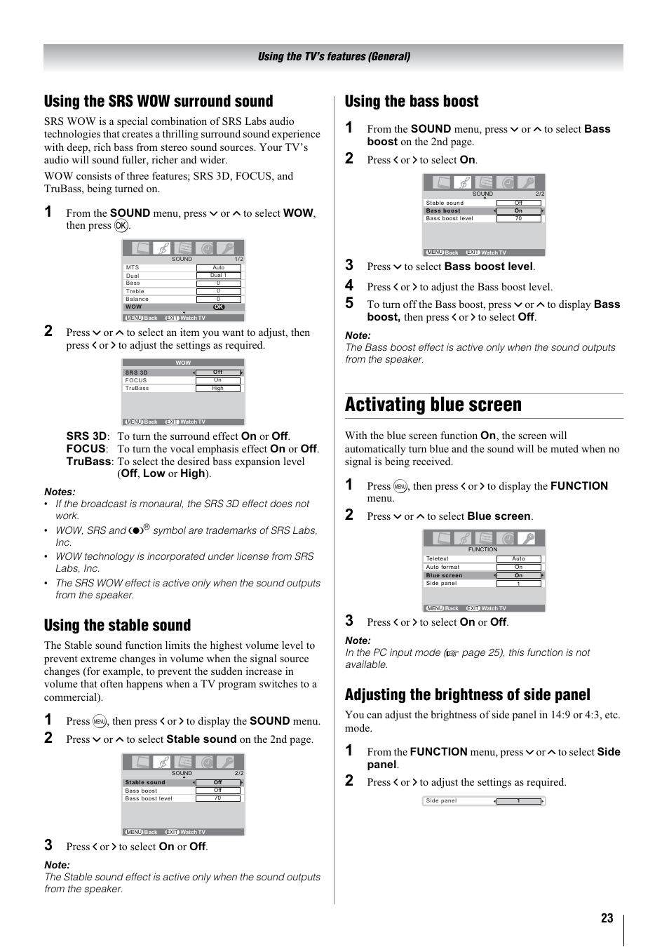 Activating blue screen, Using the srs wow surround sound, Using the stable sound | Using the bass boost 1, Adjusting the brightness of side panel | Toshiba 32WLT66A User Manual | Page 23 / 44